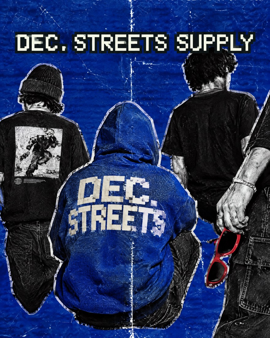 DEC. STREETS Supply lookbook: hoodies, tees, beanie and red couture shades